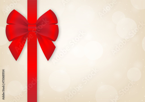 Red Ribbon Bow on Golden Background for Christmas and New Year Event. Vector Illustration.