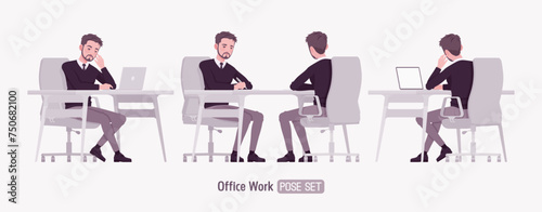 Young businessman, handsome man formal outfit set, laptop desk work pose. Smart business office V-neck pullover sweater, tie, white shirt collar, grey costume pants, classic shoes. Vector illustration