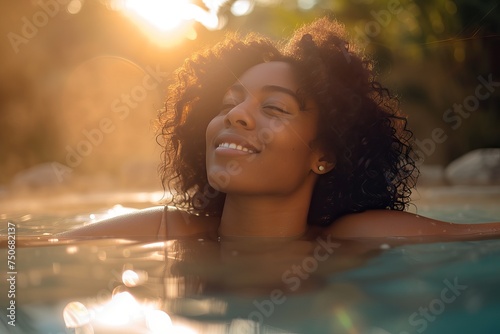 happy beautiful young african woman relaxing in hot spring pool in the morning