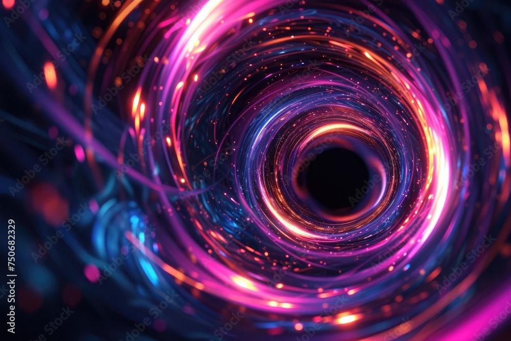 Abstract neon background. Black hole at the center of the vortex. Particles leave luminous traces Abstract neon background. Black hole at the center of the vortex. Particles leave luminous traces