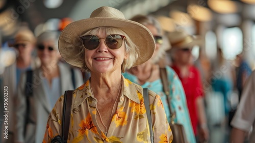 Close-up portrait of a senior Caucasian female traveler at the airport. Charming elderly woman wearing nice hat and sunglasses is going on vacation trip. Tourism and active lifestyle for retirees. © Fat Bee
