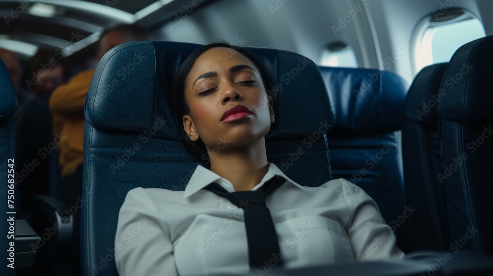 A tired Woman stewardess, flight attendant sleeps in the passenger seat on an airplane during a long international flight. Airline, Flights, Travel, Service, Transport, Aircrew, Profession Concepts.