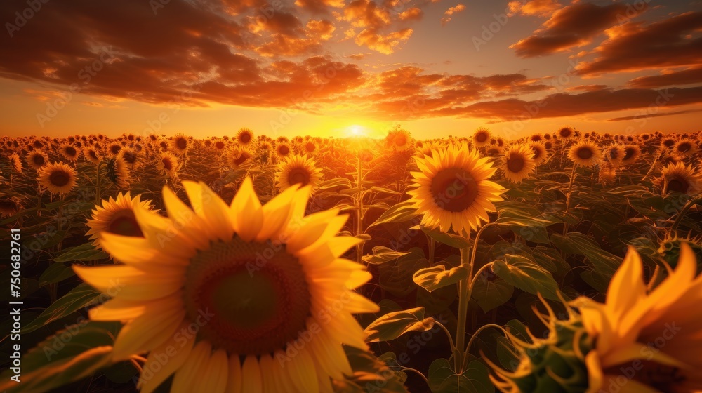 Photo of a beautiful sunset over a field of sunflowers
