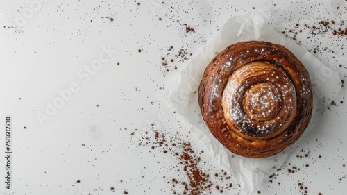 Top view of homemade Pain au Chocolat on a white tabletop. Tasty golden brown bun sprinkled with powdered sugar and cocoa. Fresh bakery. Copy space.