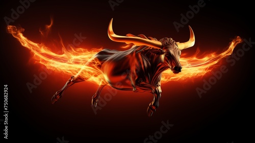 Dark banner Red fire Bull animal concept, bright background with copy space, bullish run