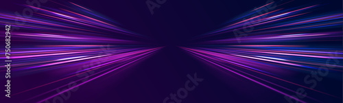 Cyberpunk light trails in motion or light slow shutter effect. Acceleration speed motion on night road. Bright sparkling background. Panoramic high speed technology concept, light abstract background.