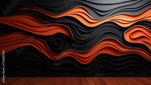 Abstrakcyjne tło - nowoczesna fale z cieniem i światłem oraz origami z papieru na ciemnej ścianie 3d