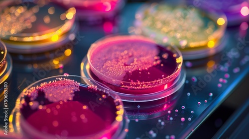 Vibrant petri dishes showcasing bacterial growth in a scientific research lab environment.