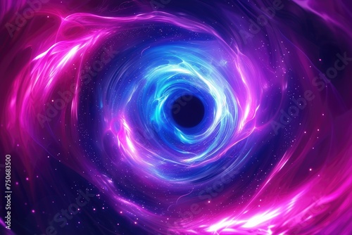 Abstract neon background. Black hole at the center of the vortex. Particles leave luminous traces