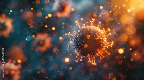 Virus Particle. Conceptual representation of a virus particle with a glowing, fiery appearance against a dark background. photo