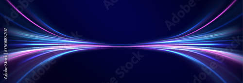 Neon stripes in the form of drill, turns and swirl. Illustration of high speed concept. High-speed light line in the form of a road and a highway in a night city.	