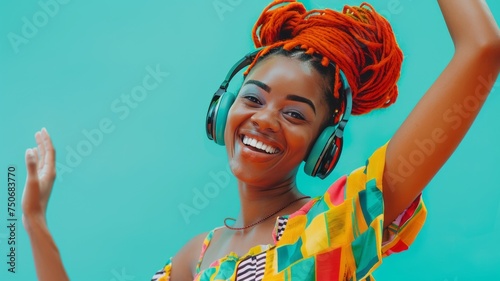 Studio portrait of young cheerful black woman in colorful outfit with orange Afro braids and bright headphones against turquoise background. African American girl listening to the music and dancing. photo