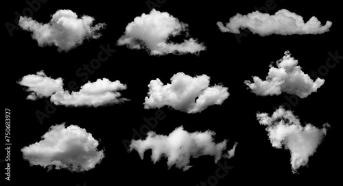 White clouds collection isolated on black background, cloud set on black. fluffy white cloudscape texture. Black sky nature background, cloudy, black and white, horizontal photo