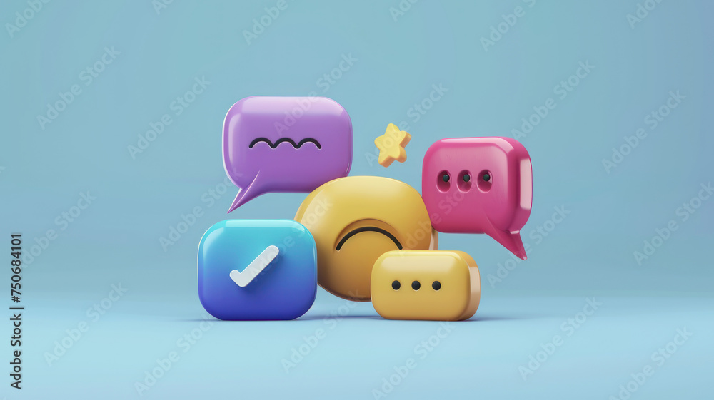 3D speech bubble with tick mark for photo gallery platform, online social media comment, emoji message  speech icons, chat with social media.  speak bubble