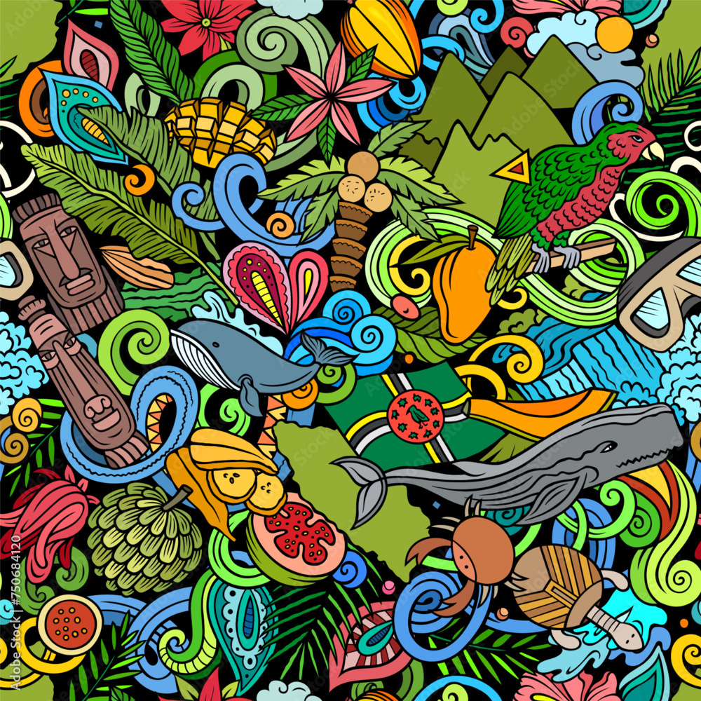 Obraz premium Cartoon doodles Dominica seamless pattern
