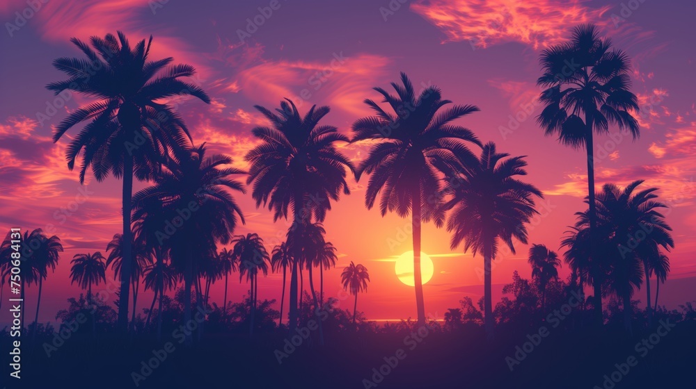 Summer theme. Silhouettes of palm trees against a colorful sunset sky, creating a tranquil scene.