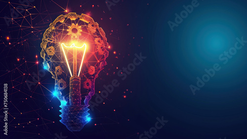 Abstract low-poly light bulb gears inside. The Internet Technology triangle icon concept