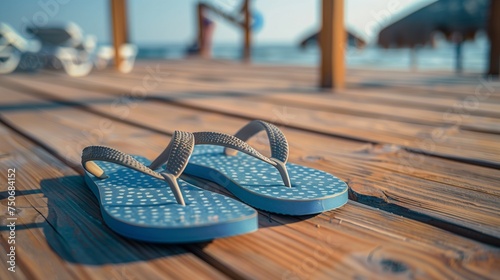 Summer theme. A pair of blue flip flops on a wooden boardwalk leading to a beach, suggesting summer leisure.