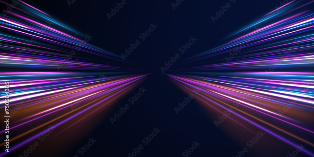 Racing cars dynamic flash effects city road with long exposure night ligh. High speed lines with focus vector background with blurred fast moving light effect, blue purple colors Racing cars dynamic flash effects city road with long exposure night ligh. High speed lines with focus vector background with blurred fast moving light effect, blue purple colors