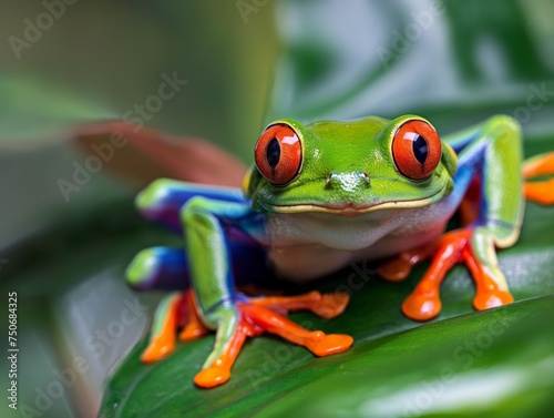 A vivid close-up of a red-eyed tree frog, showcasing its bright colors and detailed texture © cherezoff