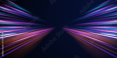 Racing cars dynamic flash effects city road with long exposure night ligh. High speed lines with focus vector background with blurred fast moving light effect, blue purple colors	