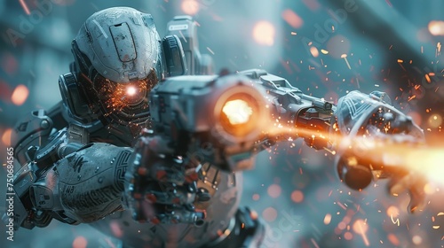 A futuristic combat robot with glowing elements fires its weapon, surrounded by intense sparks and debris.