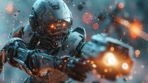 A futuristic combat robot with glowing elements fires its weapon, surrounded by intense sparks and debris.