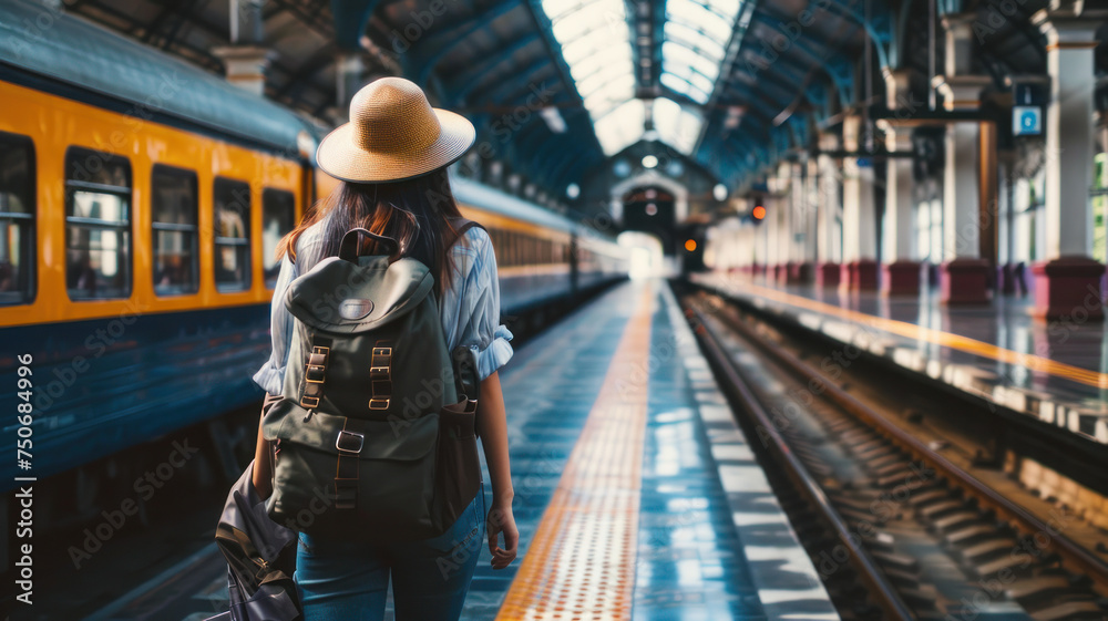 Young asian woman traveler with backpack in the railway, Young asian woman traveler with backpack in the railway,