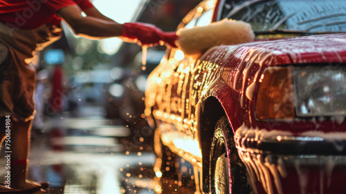 Worker washing red car with sponge on a car wash