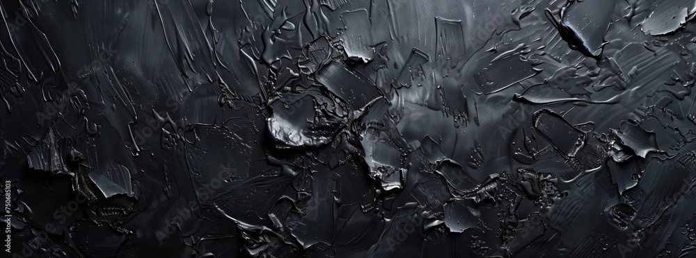 Glossy Black Textured Surface with Artistic Strokes. Close-up shot of a glossy black textured surface with layered paint strokes and artistic detail. - obrazy, fototapety, plakaty 