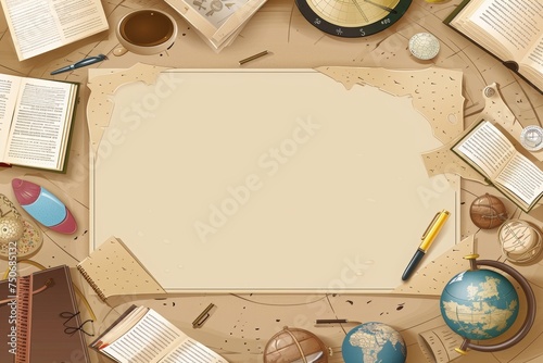 Border design,surrounded by stationery supplies,pen,book, Globe,Leave a rectangular space in the middle,brown color,brown background,cute style, Nordic style,cartoon illustration