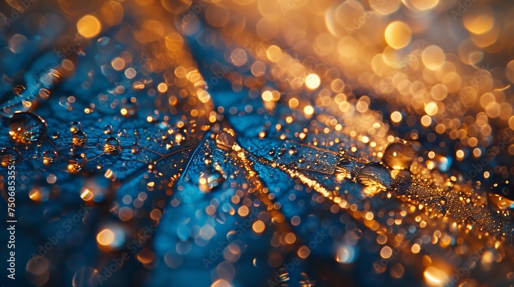 Stunning macro shot of a blue leaf adorned with sparkling raindrops, complemented by a magical golden bokeh background. - obrazy, fototapety, plakaty 