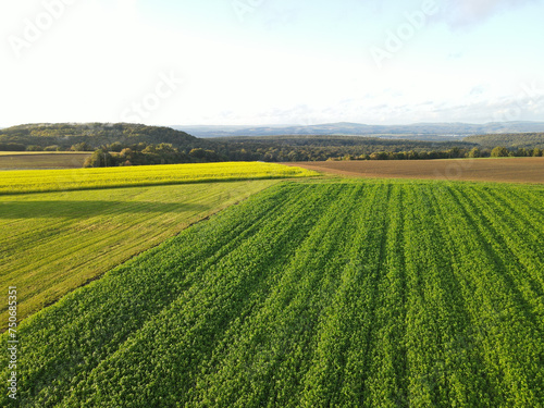 Aerial view of farm fields in the countryside