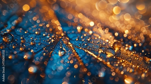 Stunning macro shot of a blue leaf adorned with sparkling raindrops, complemented by a magical golden bokeh background.