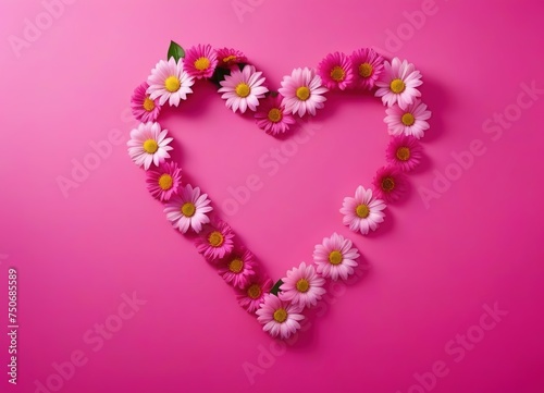 the heart is lined with flowers on a pink background. space for text.