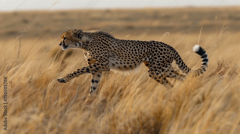 Cheetah in full stride runs through the golden tall grass of the savannah. Cheetah in full stride runs through the golden tall grass of the savannah.