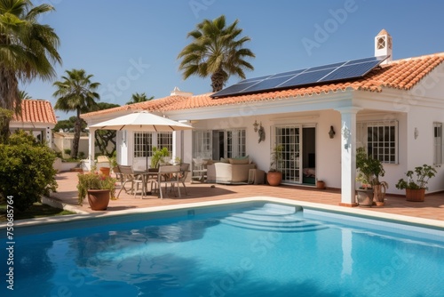 Newly built villa with solar panels on roof against sunny blue sky, ideal for eco-friendly living