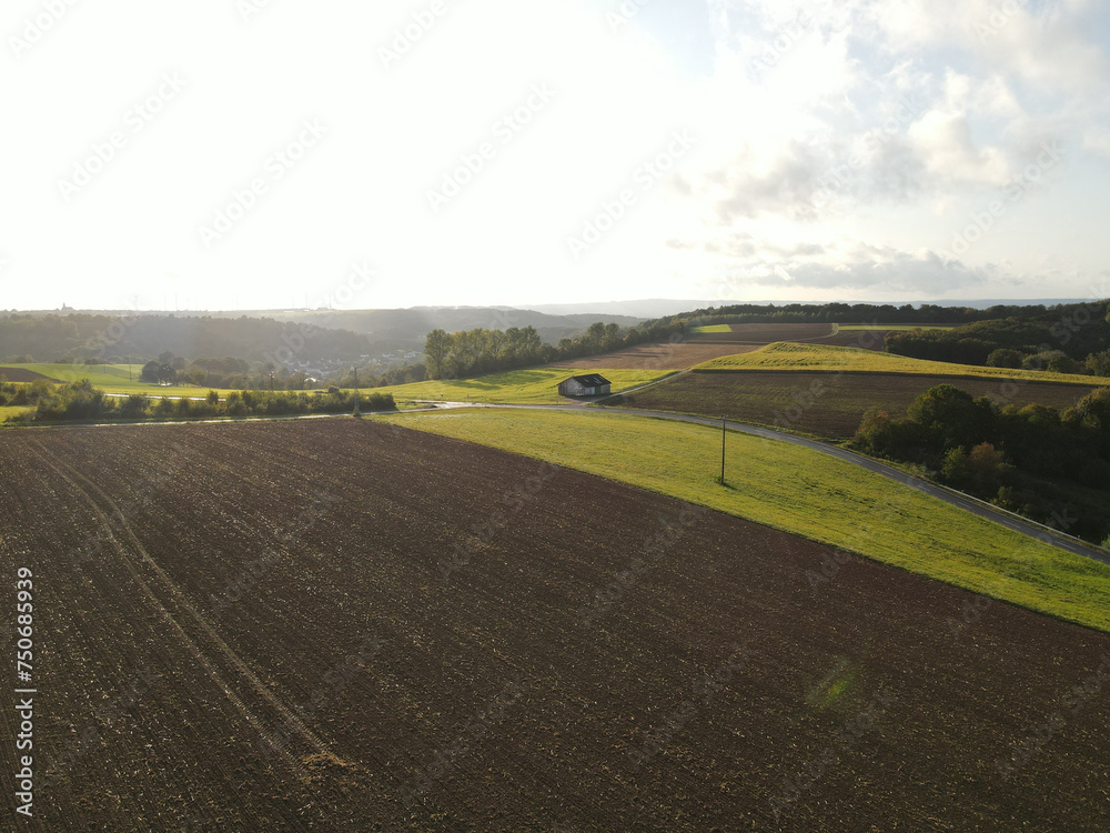 Aerial view of agriculture fields in the countryside