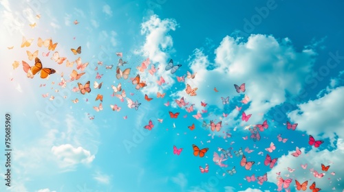 Flock of vibrant butterflies with various patterns soars against a clear blue sky.