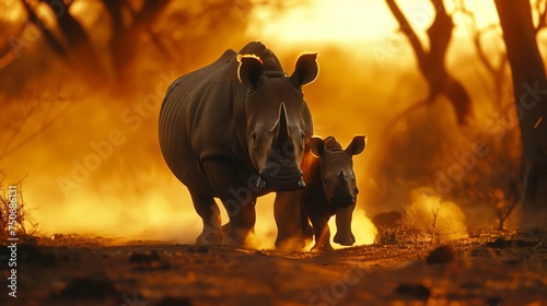 Mother rhinoceros and her calf walk in the dust  bathed in the golden light of sunset.