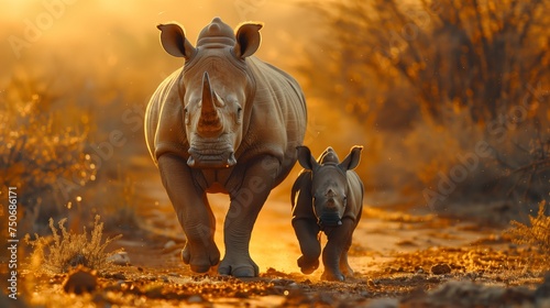 Mother rhinoceros and her calf walk in the dust, bathed in the golden light of sunset.