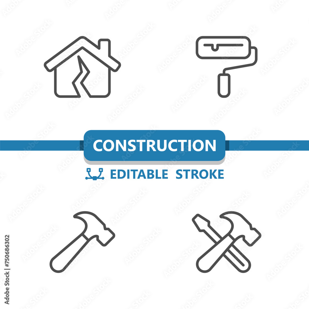 Construction Icons. Home Improvement, Tools, Paint Roller, Hammer, House Icon Construction Icons. Home Improvement, Tools, Paint Roller, Hammer, House Icon