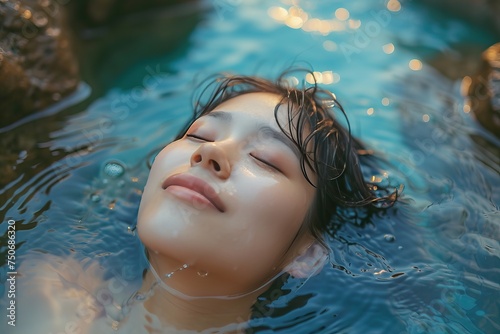 happy beautiful young asian woman relaxing in hot spring pool in the morning