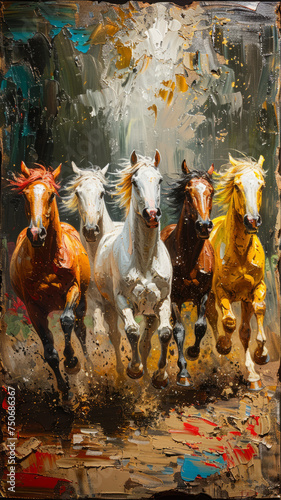 herd of golden akhal tekea horses golden oil painting, technical proficiency, landscape black background, academic art brighful,generative ai