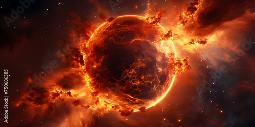 Exoplanet ablaze in flames showcases cosmic chaos. Concept Space, Exoplanet, Flames, Cosmic Chaos