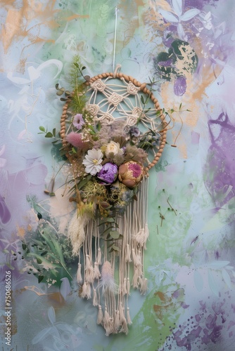 beautiful dreamcatcher made of macrame and dry flowers on a green purple background