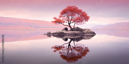 Vibrant pink foliage of a lone tree stands on a small rocky island, reflected in the calm lake © Влада Яковенко