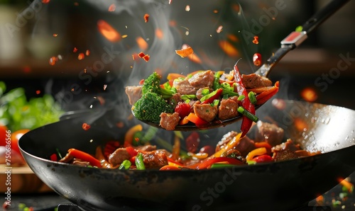 Stir fry meat and vegetables cooking in wok, flying ingredients. Chinese recipes. Wok preparation ingredients