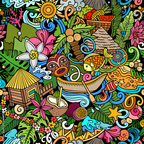 Cartoon doodles Tahiti island seamless pattern