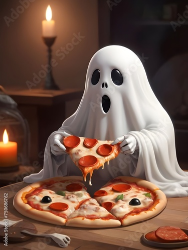 cute ghost eating pizza